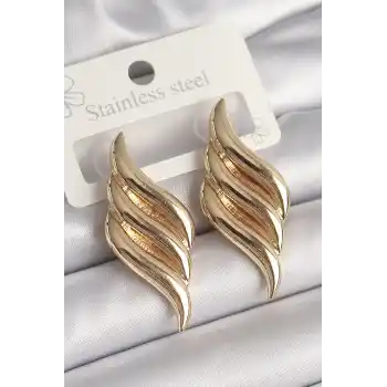 Pirinç Gold Renk 3 Sıra Dalga Model Kadın Küpe