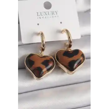 Pirinç Gold Renk 3D Kalp Leopar Desen Model Kadın Küpe