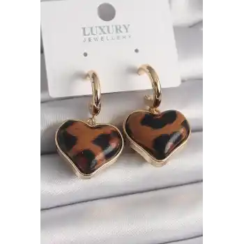 Pirinç Gold Renk 3D Kalp Leopar Desen Model Kadın Küpe