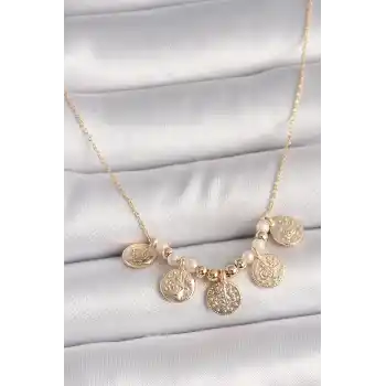 Pirinç Gold Renk 5Li Osmanlı Tuğra Figür İnci Detay Kadın Kolye