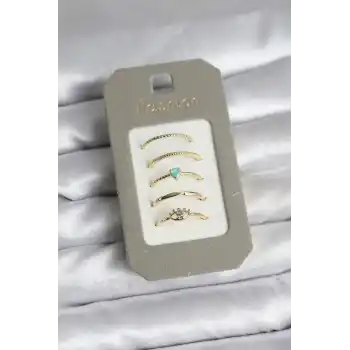 Pirinç Gold Renk 5li Yüzük Seti