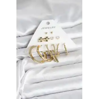 Pirinç Gold Renk 6 Çift Kadın Küpe Seti