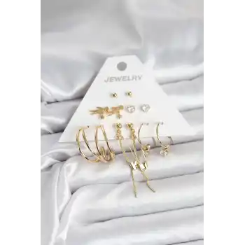 Pirinç Gold Renk 6 Çiftli Kadın Küpe Seti