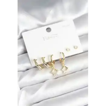 Pirinç Gold Renk 925 Ayar Gümüş Çivili Kadın Küpe Seti