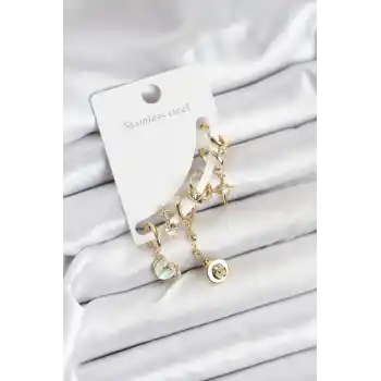 Pirinç Gold Renk Ay Model Kadın Set Küpe