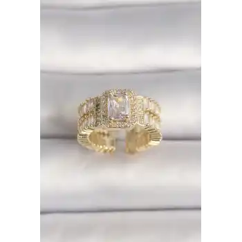 Pirinç Gold Renk Ayarlanabilir Baget Zirkon Taş Model Kadın Yüzük