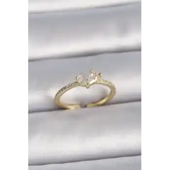 Pirinç Gold Renk Ayarlanabilir Zirkon Taşlı Kalp Model Kadın Yüzük
