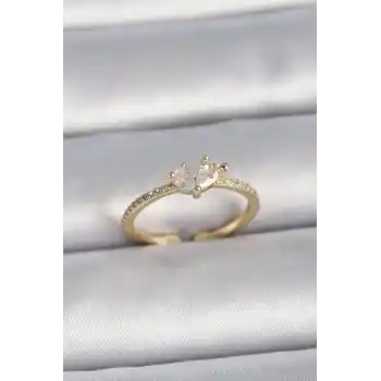 Pirinç Gold Renk Ayarlanabilir Zirkon Taşlı Kalp Model Kadın Yüzük