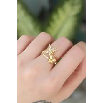 Pirinç Gold Renk Ayarlanabilir Zirkon Taşlı Kelebek Yüzük