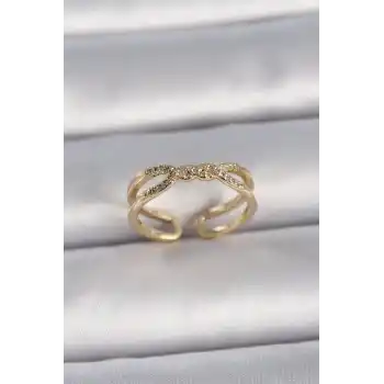 Pirinç Gold Renk Ayarlanabilir Zirkon Taşlı Sarmal Model Kadın Yüzük