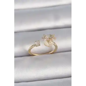 Pirinç Gold Renk Ayarlanabilir Zirkon Taşlı Yıldız Model Kadın Yüzük