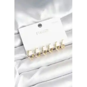 Pirinç Gold Renk Baklalı Halka 925 Gümüş Çivi Kadın Küpe Seti