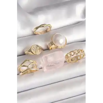 Pirinç Gold Renk Beyaz İncili Zincir Yüzük Figür İşleme Detay 6Lı Kadın Yüzük Seti