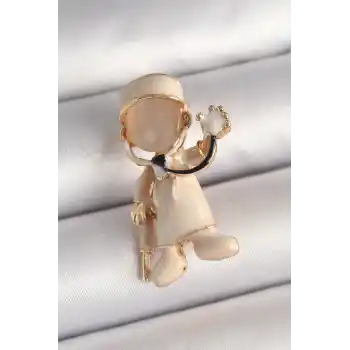Pirinç Gold Renk Beyaz Mineli Doktor Model Kadın Broş