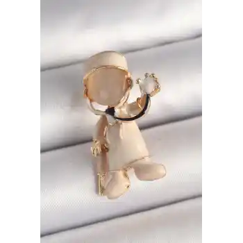 Pirinç Gold Renk Beyaz Mineli Doktor Model Kadın Broş