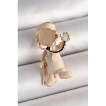 Pirinç Gold Renk Beyaz Mineli Doktor Model Kadın Broş