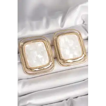 Pirinç Gold Renk Beyaz Mineli Kare Model Kadın Küpe
