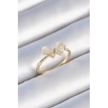 Pirinç Gold Renk Beyaz Mineli Zirkon Taşlı Kelebek Model Kadın Yüzük