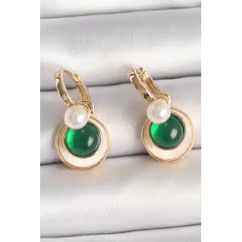 Pirinç Gold Renk Beyaz Yeşil Sallantı Mineli Kadın Küpe