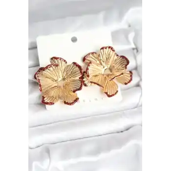 Pirinç Gold Renk Bordo Renk Detaylı Lotus Kadın Küpe