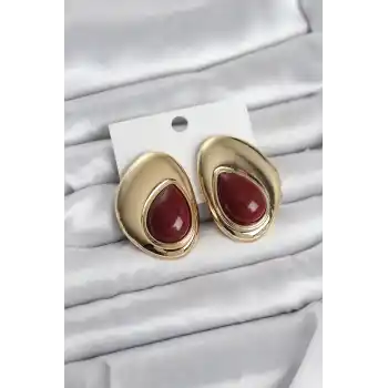 Pirinç Gold Renk Bordo Taşlı Damla Model Vintage Kadın Küpe