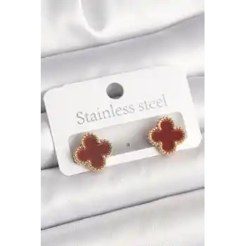 Pirinç Gold Renk Bordo Yonca Model Kadın Küpe