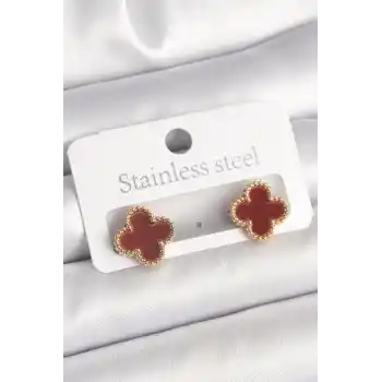 Pirinç Gold Renk Bordo Yonca Model Kadın Küpe