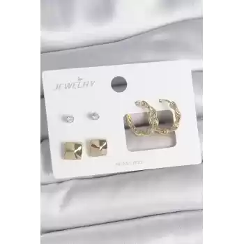 Pirinç Gold Renk Burgu Halka Model Zirkon Taşlı Kare Detay 3 Çift Kadın Küpe Seti
