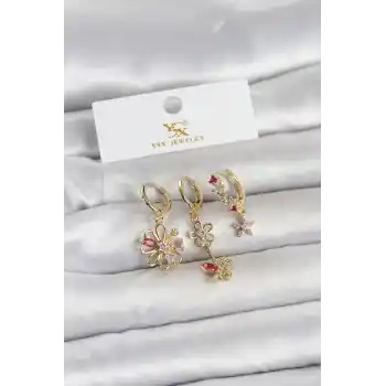 Pirinç Gold Renk Çiçek Model 3lü Kadın Küpe