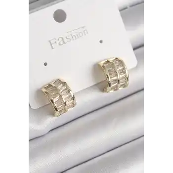 Pirinç Gold Renk Çift Sıra Zirkon Taşlı Kadın Küpe