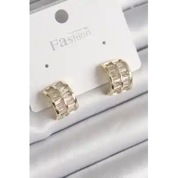 Pirinç Gold Renk Çift Sıra Zirkon Taşlı Kadın Küpe