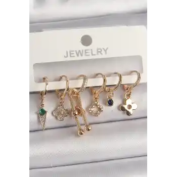Pirinç Gold Renk Çoklu Figür Kadın Küpe Seti