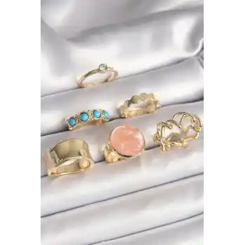 Pirinç Gold Renk Daire Pembe Mineli Zirkon Taş Detaylı 6Lı Kadın Yüzük Seti