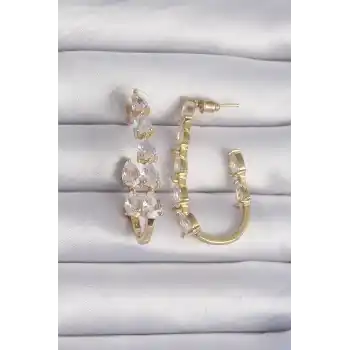 Pirinç Gold Renk Damla Zirkon Taş Tasarımlı Küpe