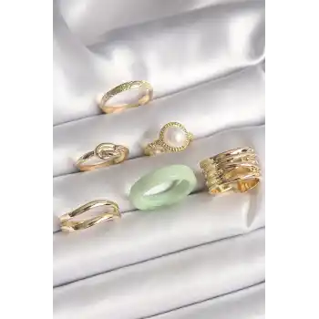 Pirinç Gold Renk Düğüm Model İncili İşlemeli Plaka Model 6Lı Kadın Yüzük Seti