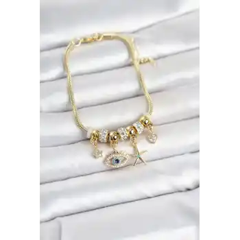 Pirinç Gold Renk Göz Model Charmlı Kadın Bileklik
