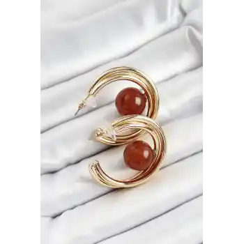 Pirinç Gold Renk Halka Model Kahverengi Boncuk Detay Kadın Küpe