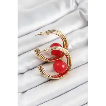 Pirinç Gold Renk Halka Model Kırmızı Boncuk Detay Kadın Küpe