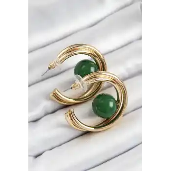 Pirinç Gold Renk Halka Model Yeşil Boncuk Detay Kadın Küpe