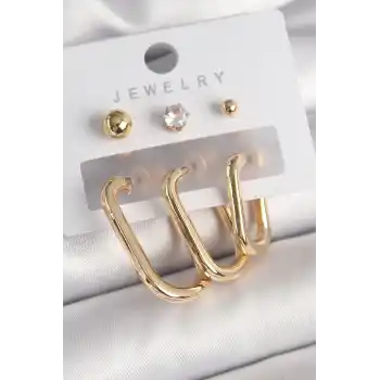 Pirinç Gold Renk Halka Model Zirkon Taş Topçuk Detay Kadın Küpe Seti