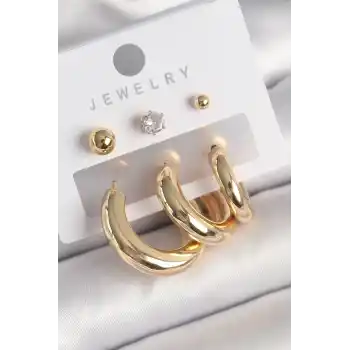 Pirinç Gold Renk Halka Model Zirkon Taşlı Topçuk Detay Kadın Küpe