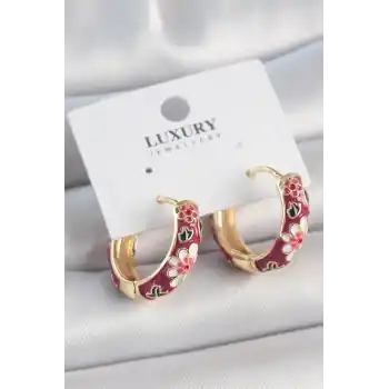 Pirinç Gold Renk Halka Mor Çiçek Mineli Kadın Küpe