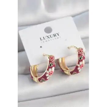 Pirinç Gold Renk Halka Mor Çiçek Mineli Kadın Küpe