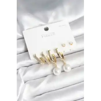 Pirinç Gold Renk İnci Detaylı 925 Ayar Gümüş Çivili Kadın Küpe Seti