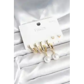 Pirinç Gold Renk İnci Detaylı 925 Ayar Gümüş Çivili Kadın Küpe Seti