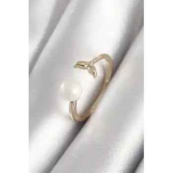 Pirinç Gold Renk İnci Top Figür Balık Kuyruğu Model Kadın Yüzük