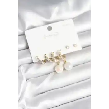 Pirinç Gold Renk İncili 925 Ayar Gümüş Çivi Kadın Küpe Seti