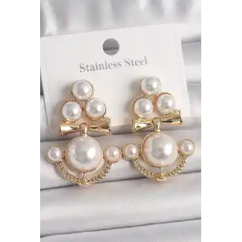 Pirinç Gold Renk İncili Çapa Model Kadın Küpe