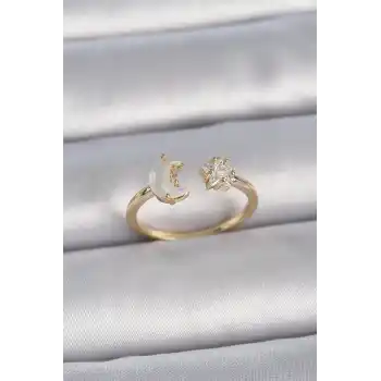 Pirinç Gold Renk İncili Hilal Zirkon Taşlı Yıldız Ayarlanabilir Model Kadın Yüzük