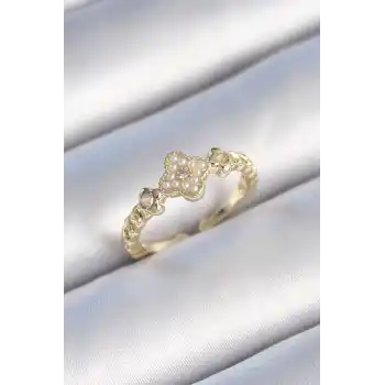 Pirinç Gold Renk İncili Yonca Model Zirkon Taş Detay Kadın Yüzük